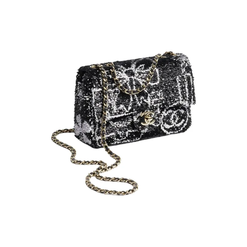 CHANEL Sequins Crossbody Bag, Shoulder Bag Women's Black & White-1