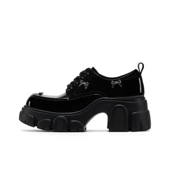 GG CC Bowknot Small Leather Shoes British Style Platform Loafers 7cm Women's Black