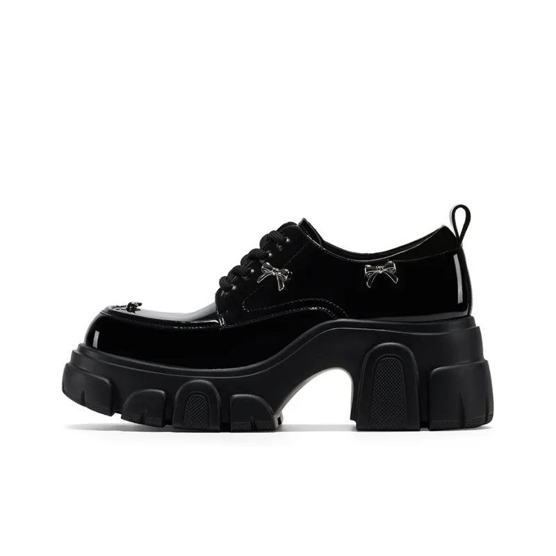 GG CC Bowknot Small Leather Shoes British Style Platform Loafers 7cm Women's Black-0