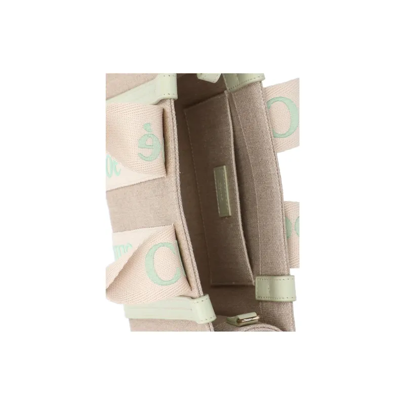 Chloe Woody Calfskin With Linen Tote Bag, Shopping Bag, Handbag Small Size Women's Candy Green & Brown-4