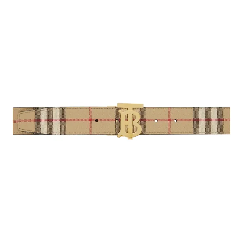Burberry Plaid Pattern Leather Leather Belts Men's Camel Width  4cm-0