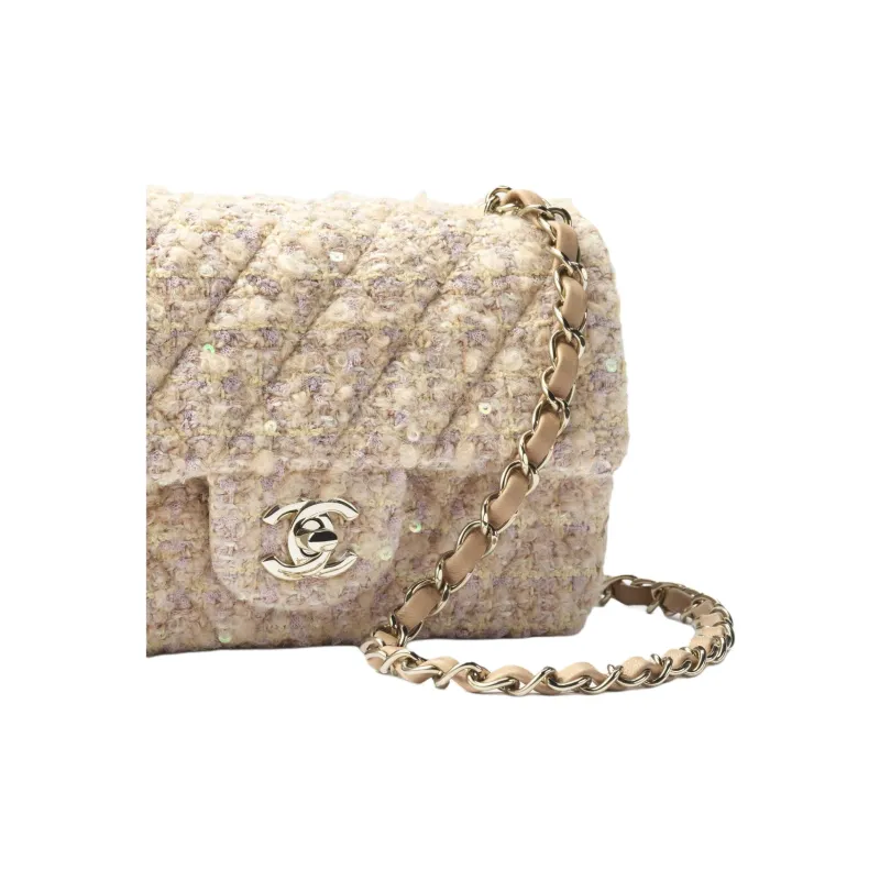 CHANEL Classic Flap CF Cotton Fabric Crossbody Bag, Shoulder Bag Mini Women's Light Yellow Multicolor Beige-2