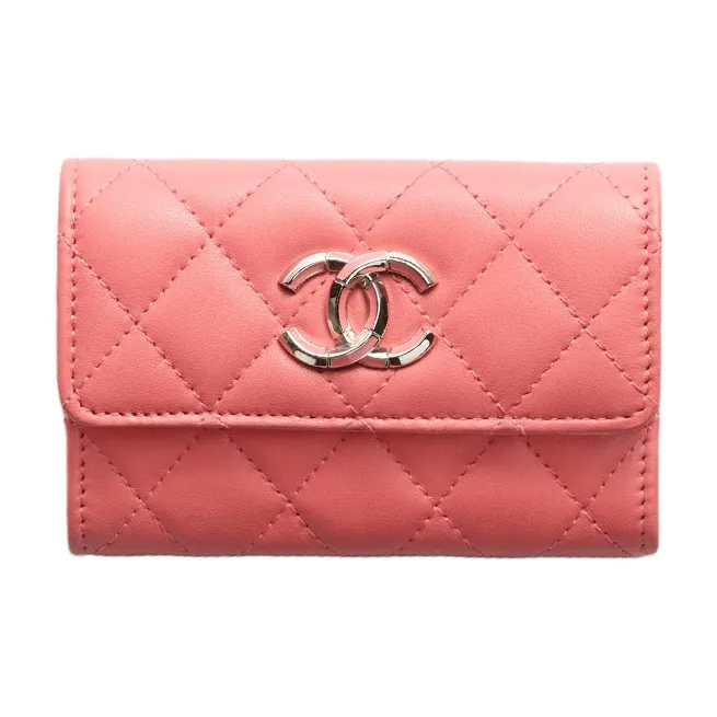 CHANEL Lambskin Card Holder, Wallet Women's Pink-0