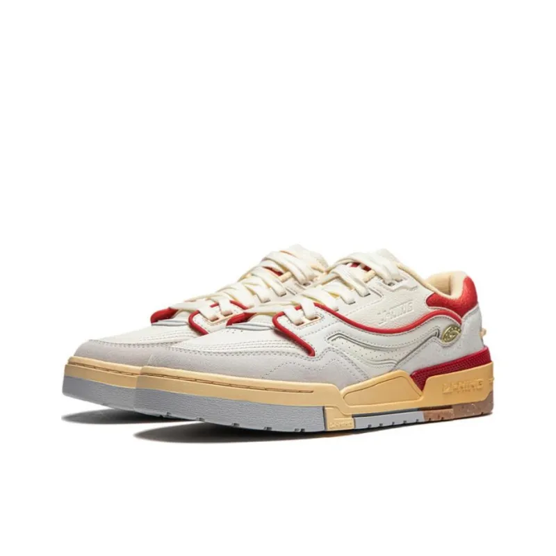 LiNing 001 BTC Slip Resistant Cushioning Wear Resistant Support Low Top Skateboard Shoes Men's Beige Gray Red-2