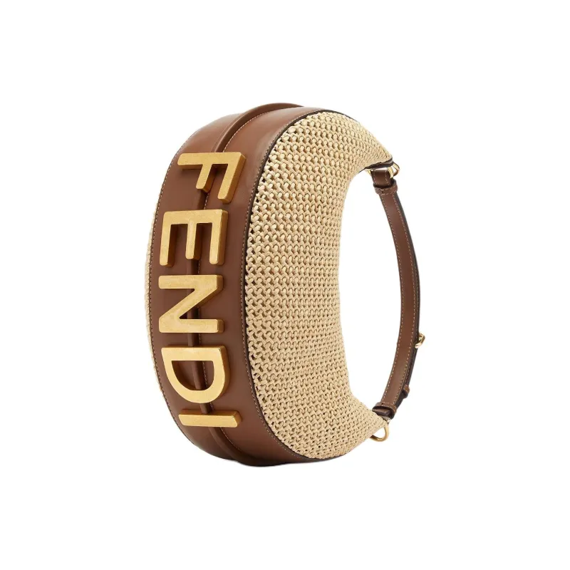 FENDI Fendigraphy Raffia With Calfskin Crescent Moon Bag Handbag Small Size Women's Brown-3
