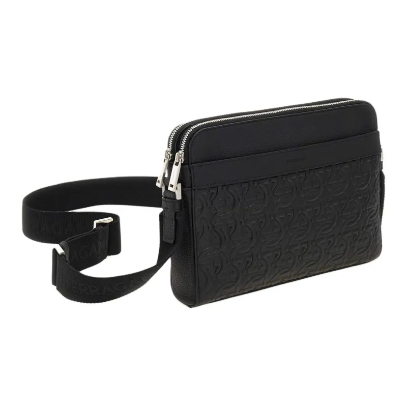 FERRAGAMO Hammered Texture Calfskin Crossbody Bag, Shoulder Bag Men's Black-1