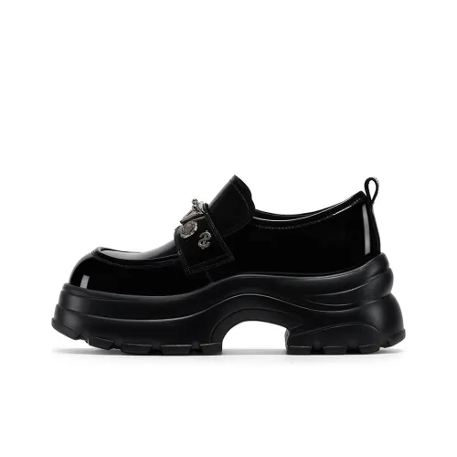 GG CC Platform Small Leather Shoes Chunky Heel British Style Loafers 7cm Women's Black