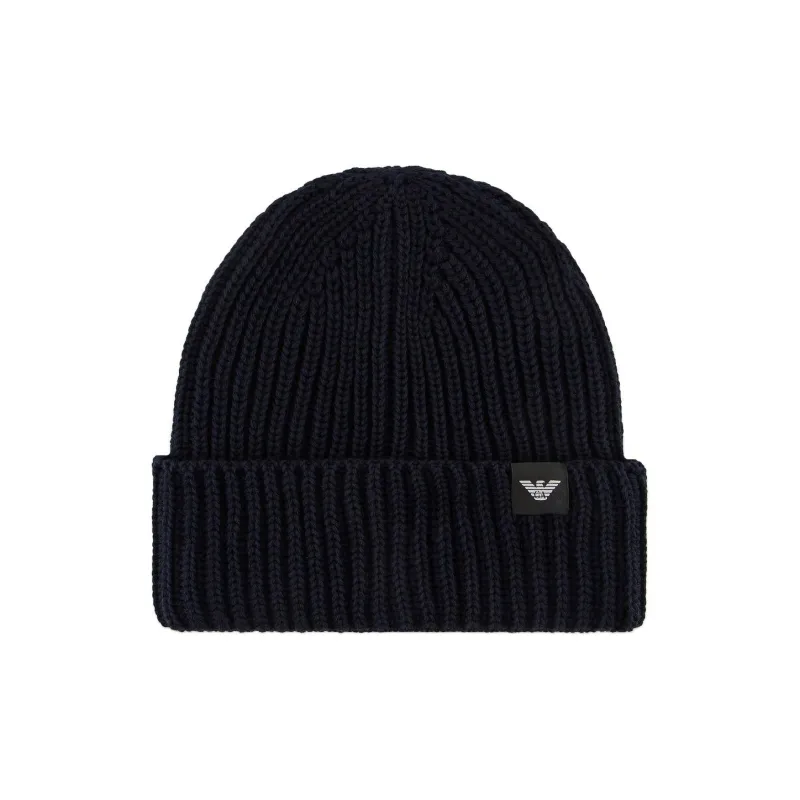 EMPORIO ARMANI Logo Patch Turn Up Brim Knitted Beanie-0