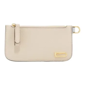 Delvau Shiny Grained Alpina Calfskin Card Holder Women's Beige With Light Cyan Accents
