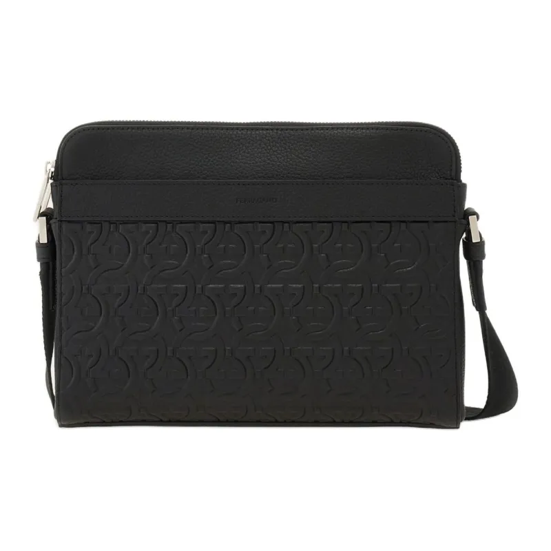 FERRAGAMO Hammered Texture Calfskin Crossbody Bag, Shoulder Bag Men's Black-0