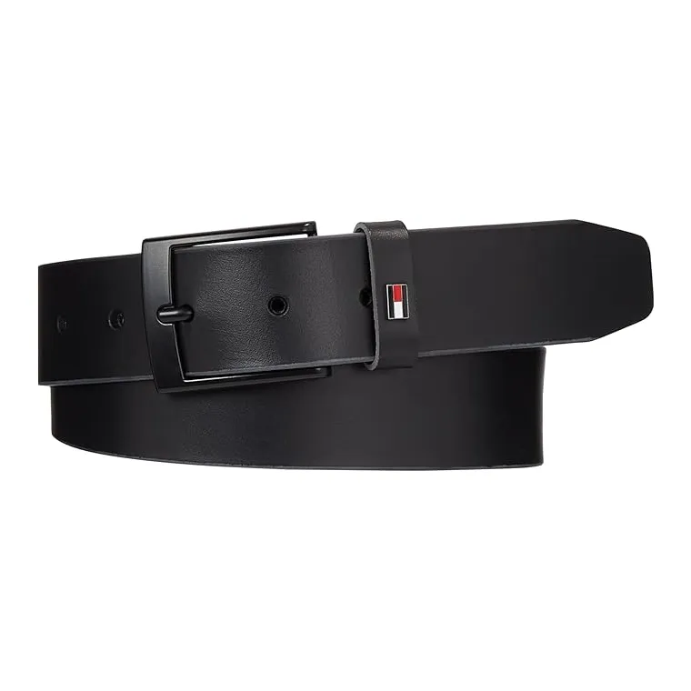 Tommy Hilfiger Solid Color Design Pin Buckle Leather Leather Belts Men's Black Width 3.5CM-0