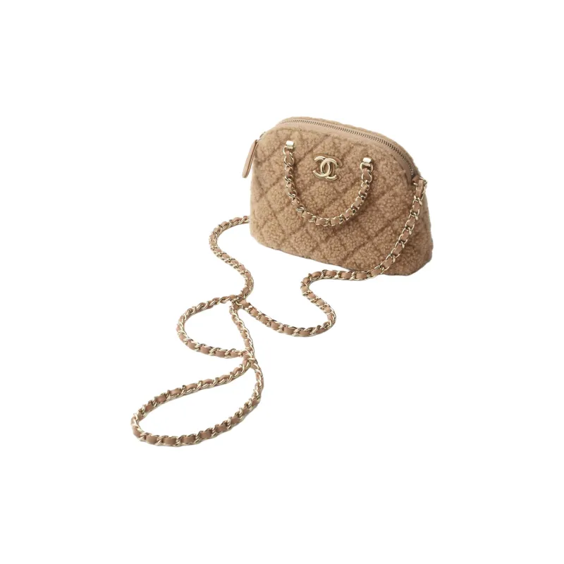 CHANEL Wool Lambskin Handbag, Shoulder Bag, Crossbody Bag Women's Dark Beige-1