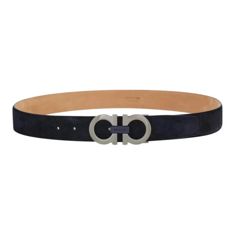 FERRAGAMO Logo Emblem Design Smooth Buckle Suede Leather Belts Men's Blue Width 3.5CM-1