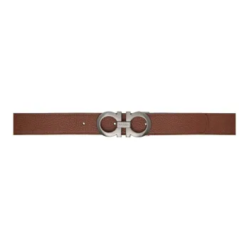 FERRAGAMO Badge Decoration Smooth Buckle Calfskin Hardware Accessories Leather Belts Men's Brown Width: 3.2CM
