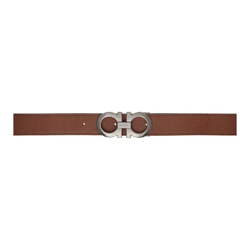 FERRAGAMO Badge Decoration Smooth Buckle Calfskin Hardware Accessories Leather Belts Men's Brown Width: 3.2CM-0