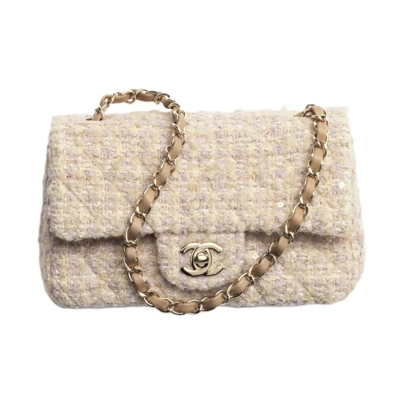 CHANEL Classic Flap CF Cotton Fabric Crossbody Bag, Shoulder Bag Mini Women's Light Yellow Multicolor Beige-0
