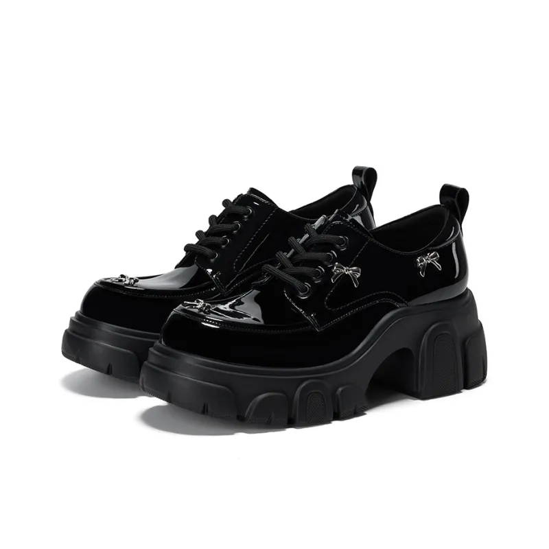 GG CC Bowknot Small Leather Shoes British Style Platform Loafers 7cm Women's Black-2