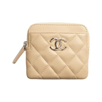 CHANEL Lambskin Coin Purse Women's Beige