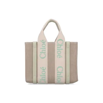 Chloe Woody Calfskin With Linen Tote Bag, Shopping Bag, Handbag Small Size Women's Candy Green & Brown