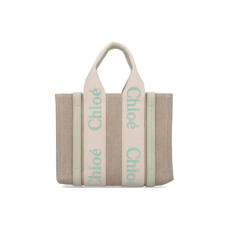 Chloe Woody Calfskin With Linen Tote Bag, Shopping Bag, Handbag Small Size Women's Candy Green & Brown-0
