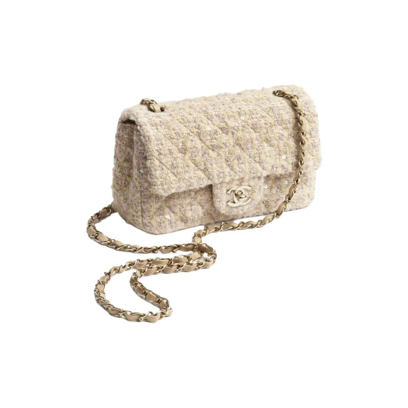 CHANEL Classic Flap CF Cotton Fabric Crossbody Bag, Shoulder Bag Mini Women's Light Yellow Multicolor Beige-1