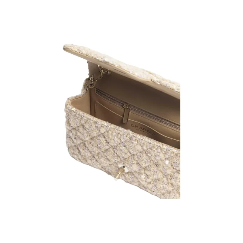 CHANEL Classic Flap CF Cotton Fabric Crossbody Bag, Shoulder Bag Mini Women's Light Yellow Multicolor Beige-3