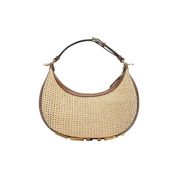 FENDI Fendigraphy Raffia With Calfskin Crescent Moon Bag Handbag Small Size Women's Brown