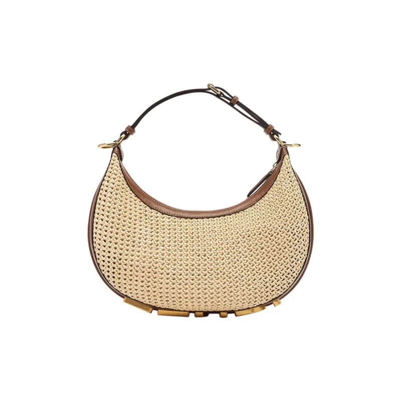 FENDI Fendigraphy Raffia With Calfskin Crescent Moon Bag Handbag Small Size Women's Brown-0