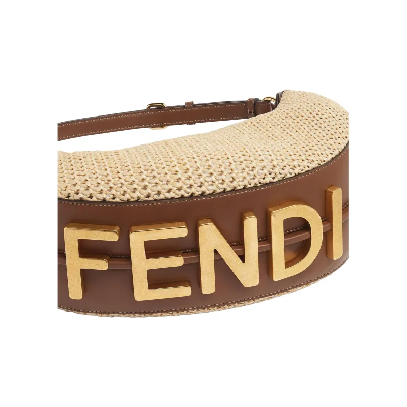 FENDI Fendigraphy Raffia With Calfskin Crescent Moon Bag Handbag Small Size Women's Brown-5