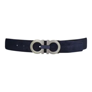 FERRAGAMO Logo Emblem Design Smooth Buckle Suede Leather Belts Men's Blue Width 3.5CM