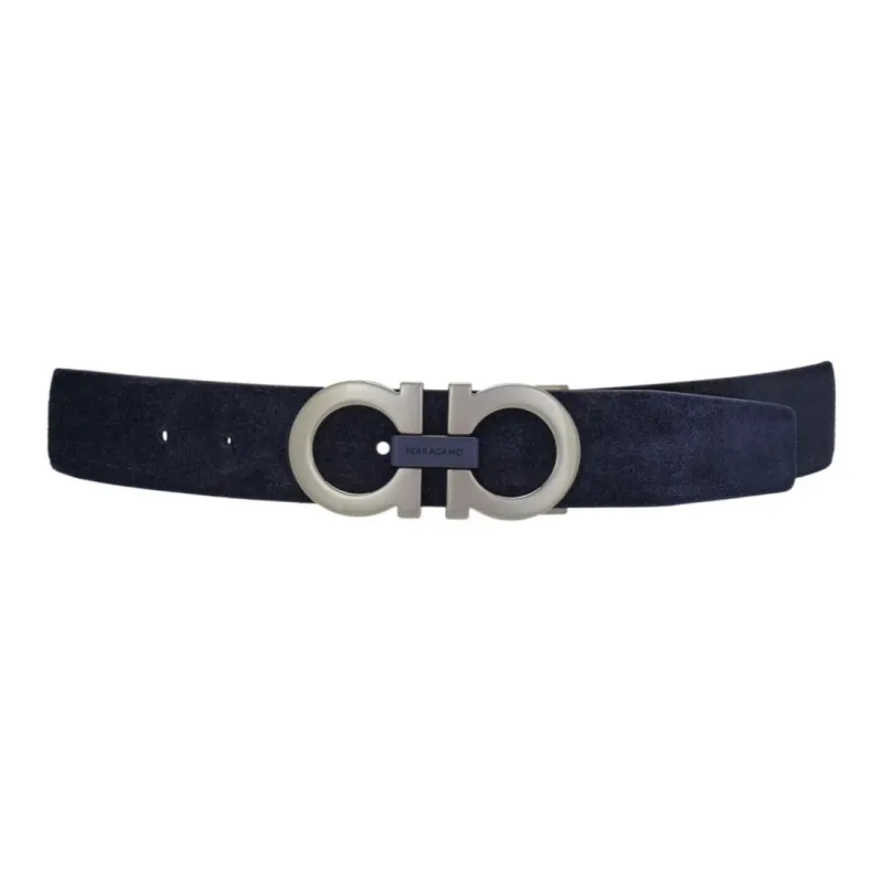 FERRAGAMO Logo Emblem Design Smooth Buckle Suede Leather Belts Men's Blue Width 3.5CM-0