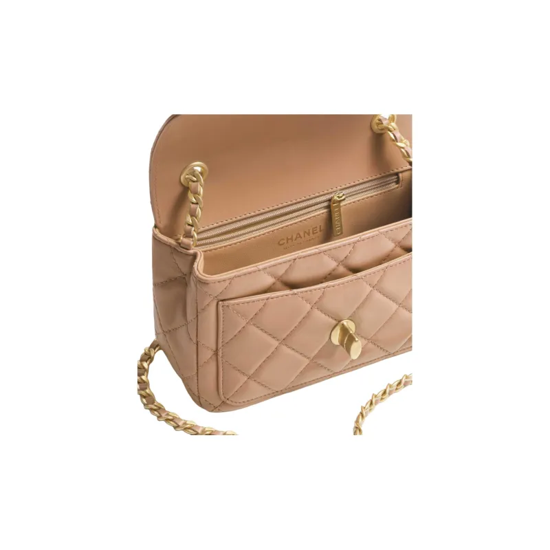 CHANEL Bright Lambskin Crossbody Bag, Shoulder Bag Mini Women's Dark Beige-3