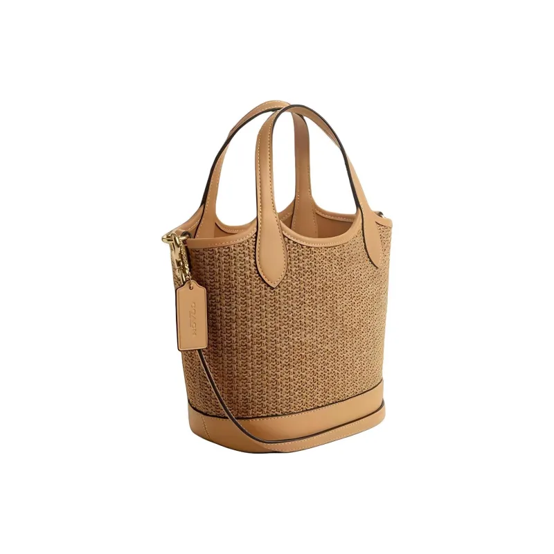 COACH Hanna Straw With Smooth Leather Bucket Bags Shoulder Bag Crossbody Bag Small Size Women's Multi-Latte-2