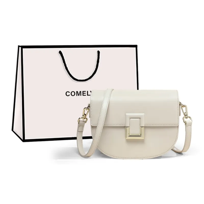 COMELY Cow Leather Patchwork Synthetic Leather Saddle Bag Shoulder Bag Crossbody Bag Regular Women's Milk White-0