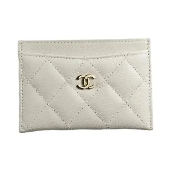 CHANEL Grain Embossed Shiny Calfskin Card Holder Women's Light Gray