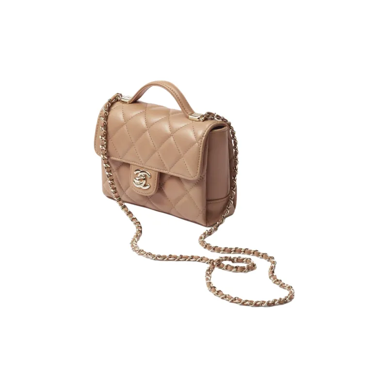 CHANEL Lambskin Portable Crossbody Bag Shoulder Bag Mini Women's Dark Beige-1