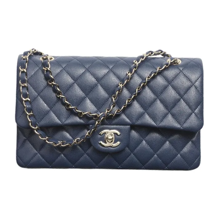CHANEL Classic Flap CF Grain Bright Calfskin Handbag, Shoulder Bag, Crossbody Bag Women's Dark Blue-0