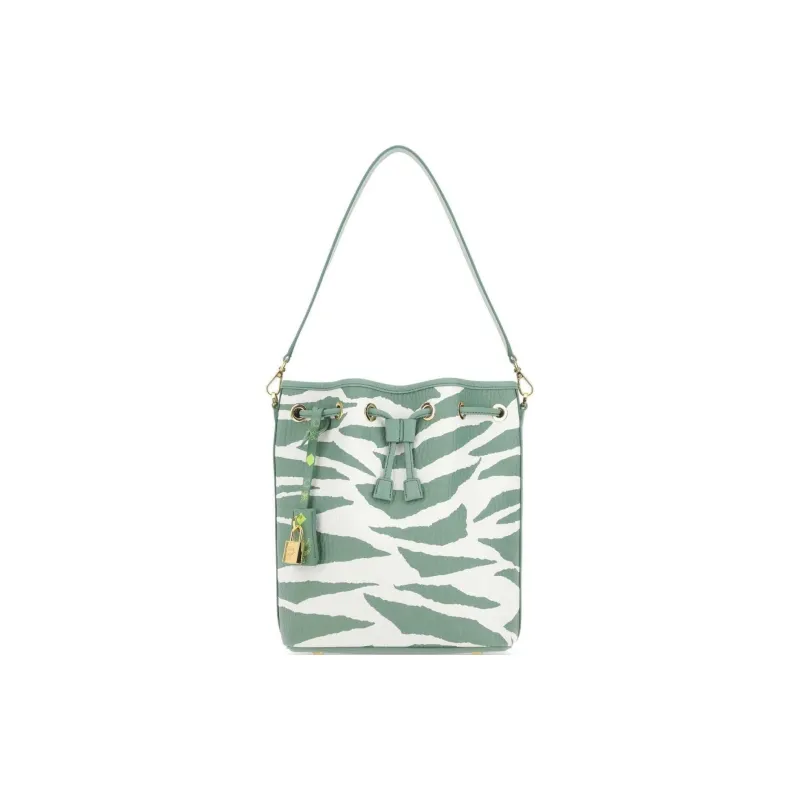 MCM Canvas With Leather Drawstring Bag, Bucket Bag, Portable Crossbody Bag, Shoulder Bag Medium Size Women's Green-0