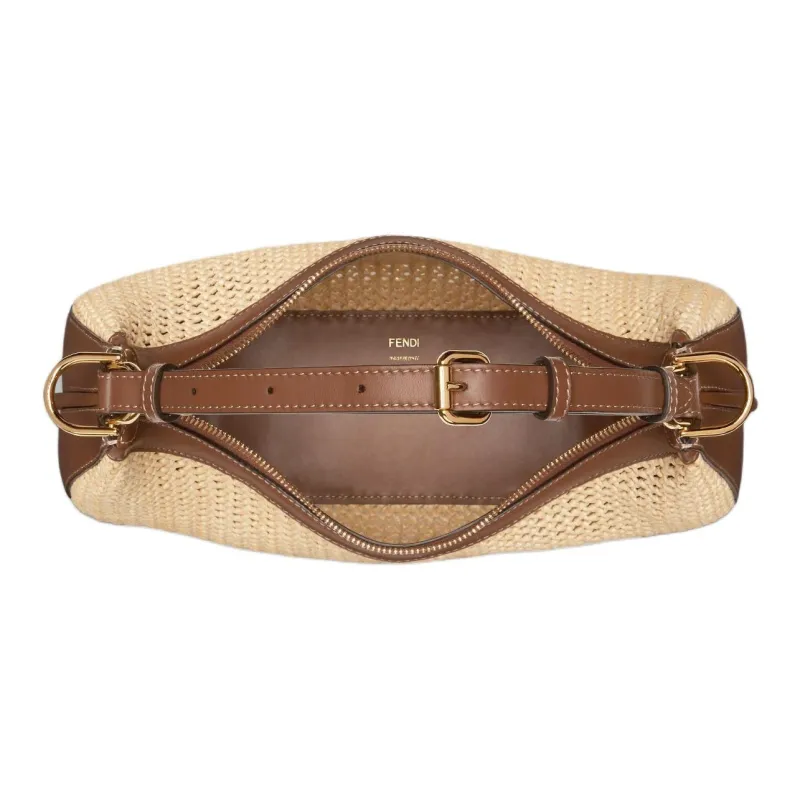 FENDI Fendigraphy Raffia With Calfskin Crescent Moon Bag Handbag Small Size Women's Brown-4