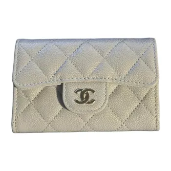 CHANEL Shiny Grain Embossed Calfskin Card Holder Women's White