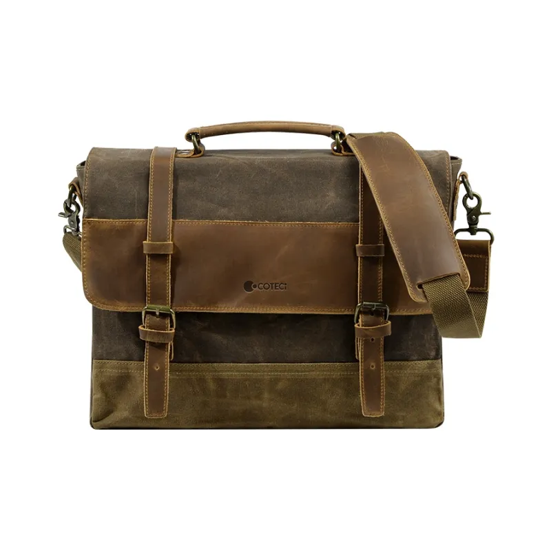 COTECi Top Grain Cow Leather With Canvas Shoulder Bag, Crossbody Bag, Handbag Regular Unisex Black/Brown-5