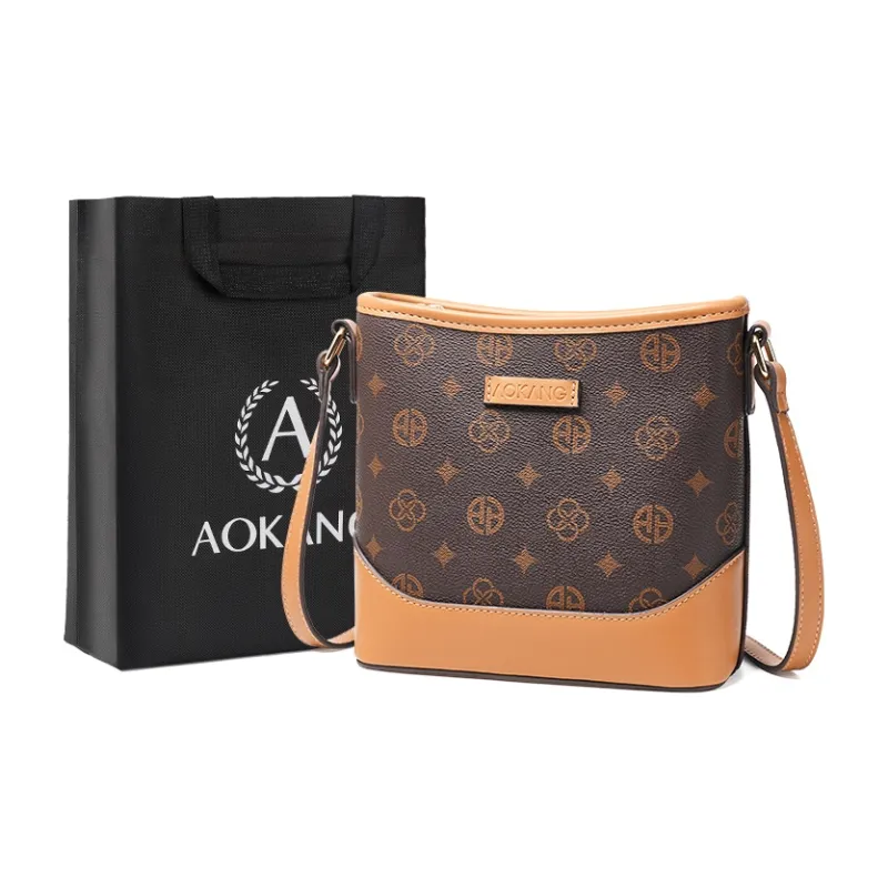 AOKANG PVC Bucket Bag, Mom Bag, Shoulder Bag Women's Coffee/Ecru-0