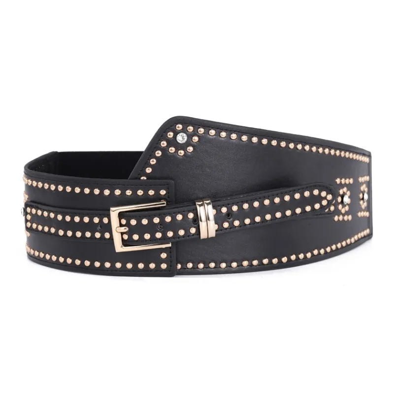 Emperor Penguin Elastic Waistband With Button And Stud Design, Stretchy Wide Dress Leather Belts Women's-1