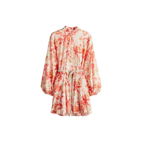 H&M Long-Sleeved Dresses Women's Coral Red/Floral