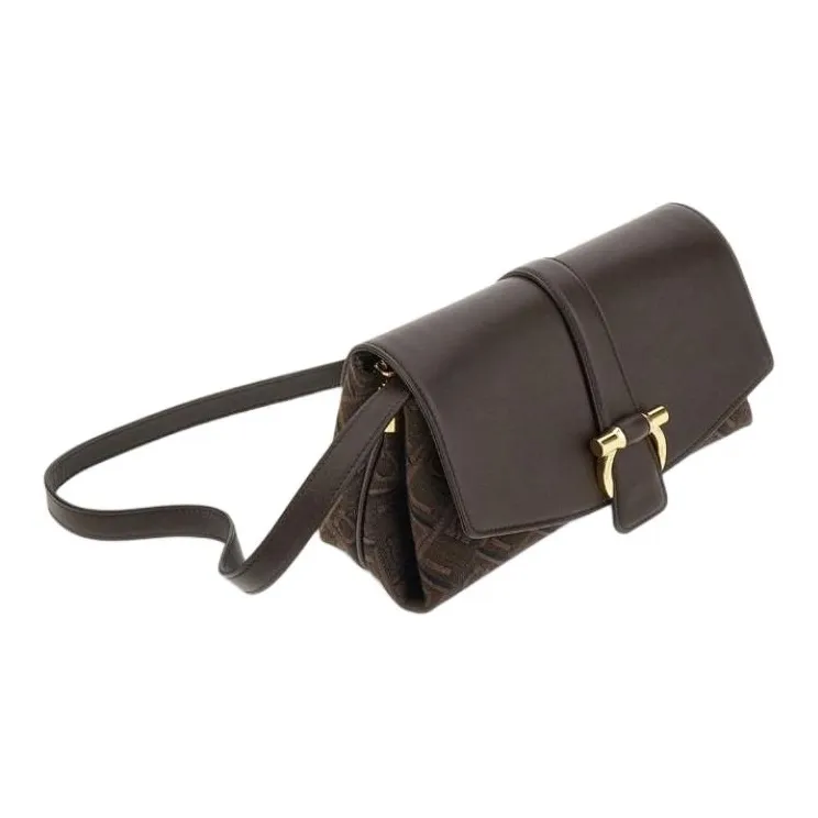 FERRAGAMO GANCINI Calfskin Patchwork Fabric Clutches Shoulder Bag Crossbody Bag Small Size Women's Coffee-3
