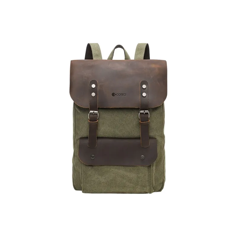 COTECi Washed Canvas, Metal Buckle, Top Grain Cow Leather Backpack Tubas Unisex Khaki/Green-0
