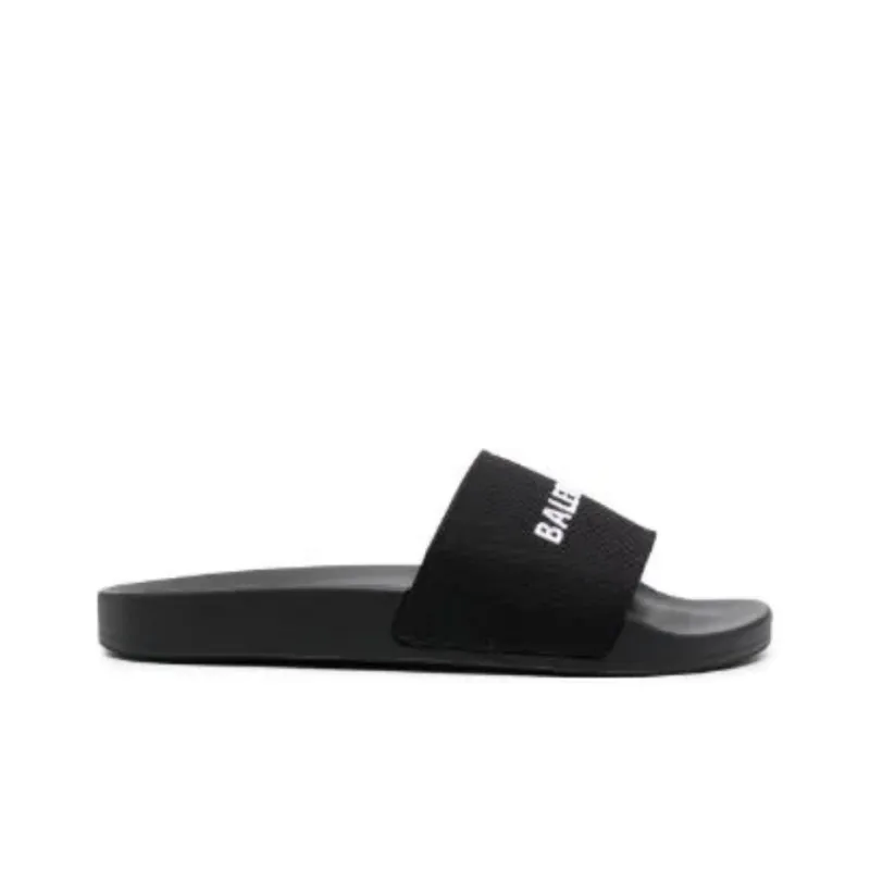 Balenciaga Logo Embroidered Pool Slides 'Black White'-1
