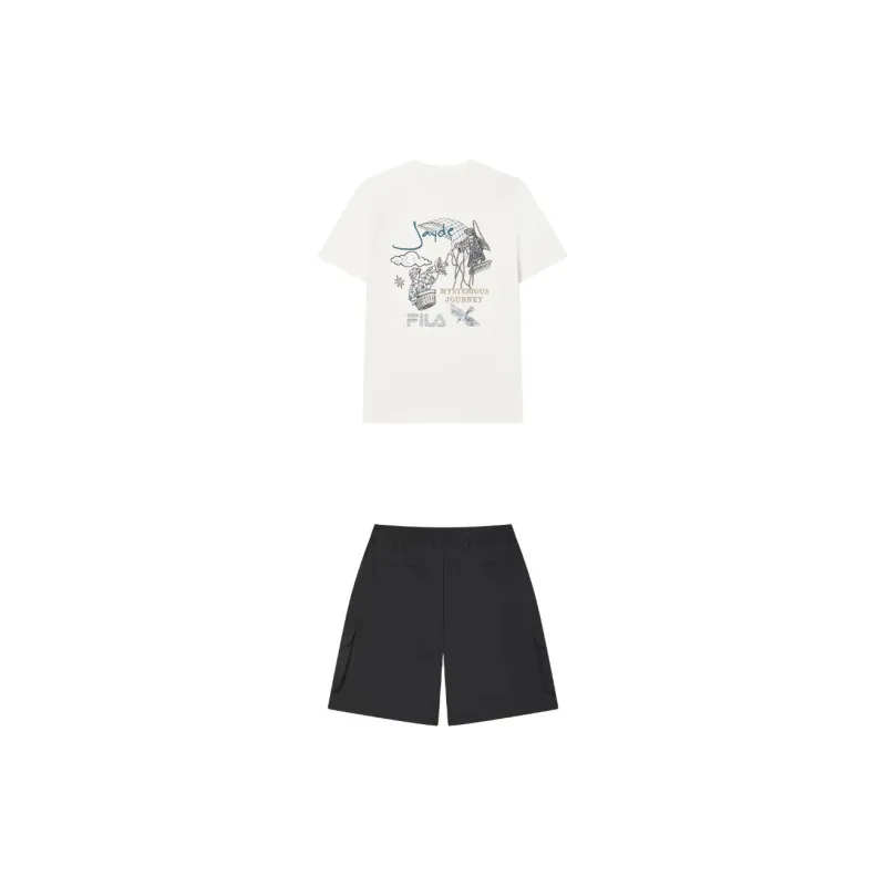 FILA Casual Sportswear Men Clothing Set Cloud White Top+Jet Black Shorts-1