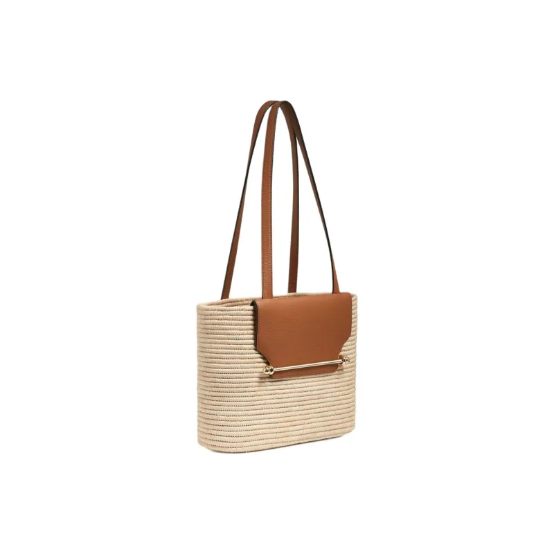 Strathberry Raffia Grained Calfskin Handbag Shoulder Bag Small Size Women's Natural & Brown Umber-1
