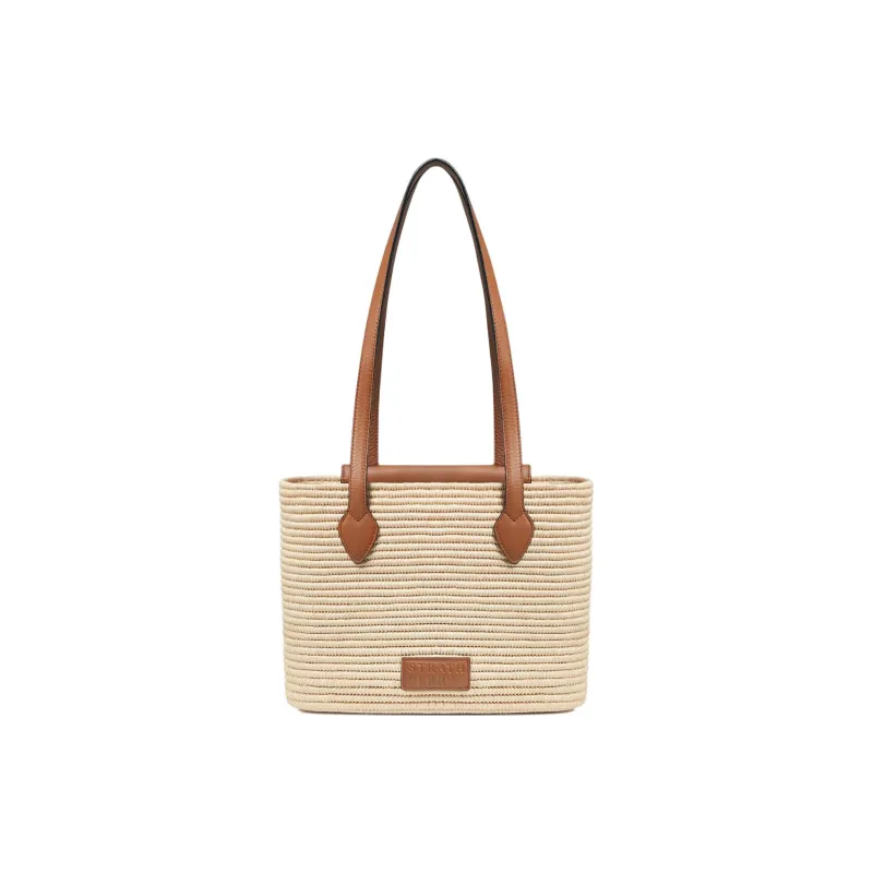 Strathberry Raffia Grained Calfskin Handbag Shoulder Bag Small Size Women's Natural & Brown Umber-2